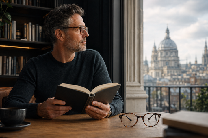 Adult comparing near reading with distance vision while wearing multifocal glasses