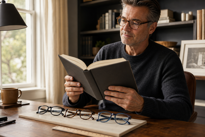 Adult testing reading glasses at a comfortable reading distance with several frame options