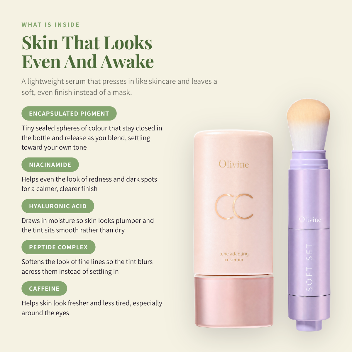 Tone Adapting CC Serum key ingredients, encapsulated pigment with niacinamide, hyaluronic acid, peptides and caffeine