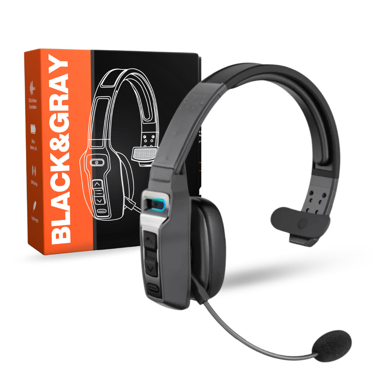 Black and gray headset with branded box