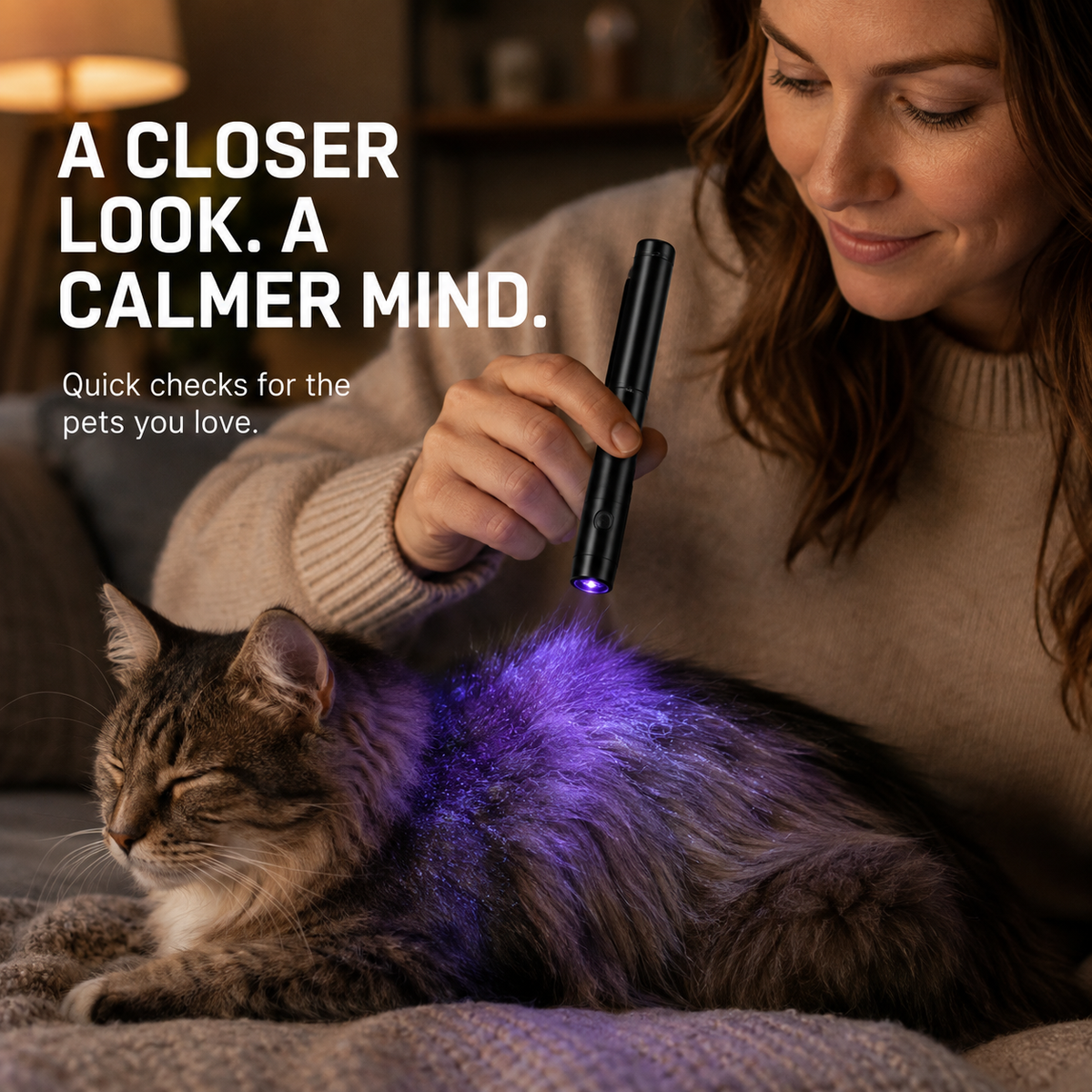 Pet owner using PawReveal UV inspection light