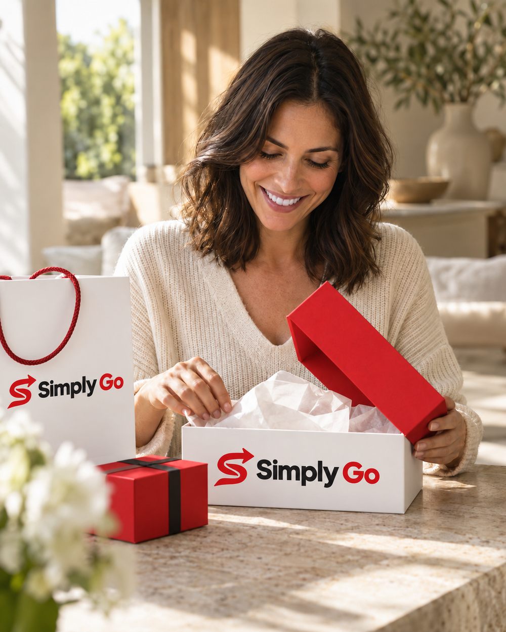 Simply Go branded gift boxes and shopping bag in red, white and black