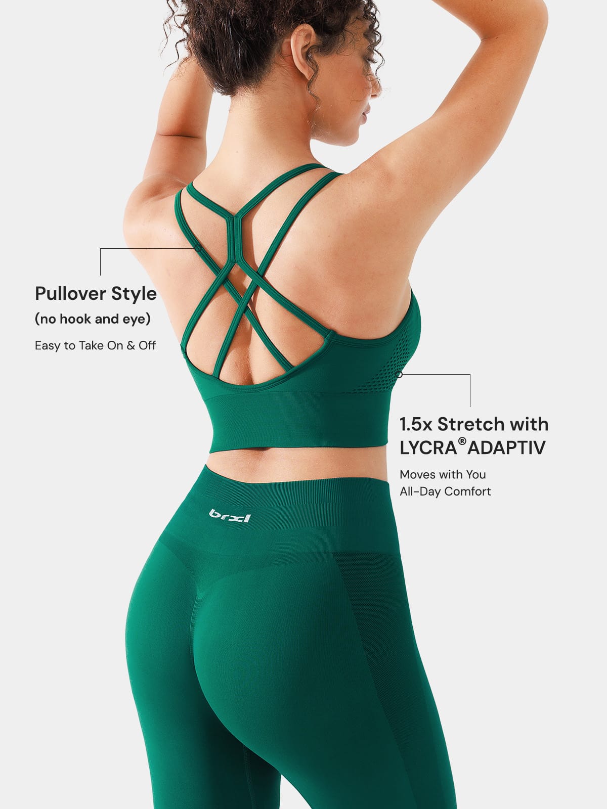 A model wearing a BRXL® B R X L™ Seamless Criss Cross Spaghetti Racerback Sports Bra