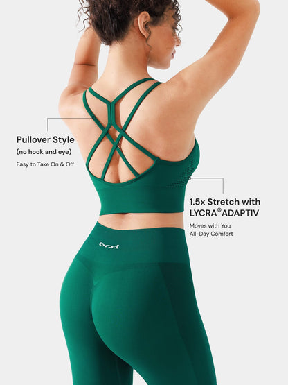 A model wearing a BRXL® B R X L™ Seamless Criss Cross Spaghetti Racerback Sports Bra