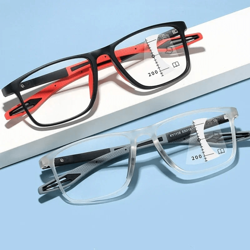 Gafas multifocales VisionSync™ negras y grises sobre fondo azul